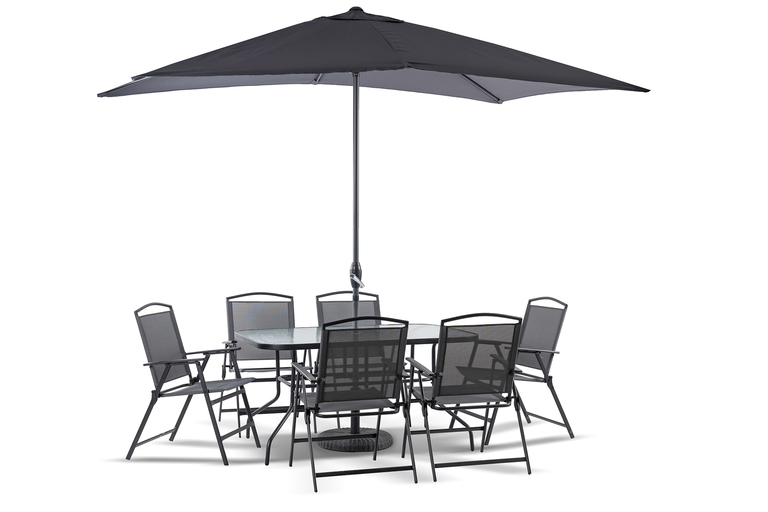 Zahradní nábytek - Kompletny Zestaw Ogrodowy Risari, Stół 160cm plus 6 krzeseł, parasol Składany (1)
