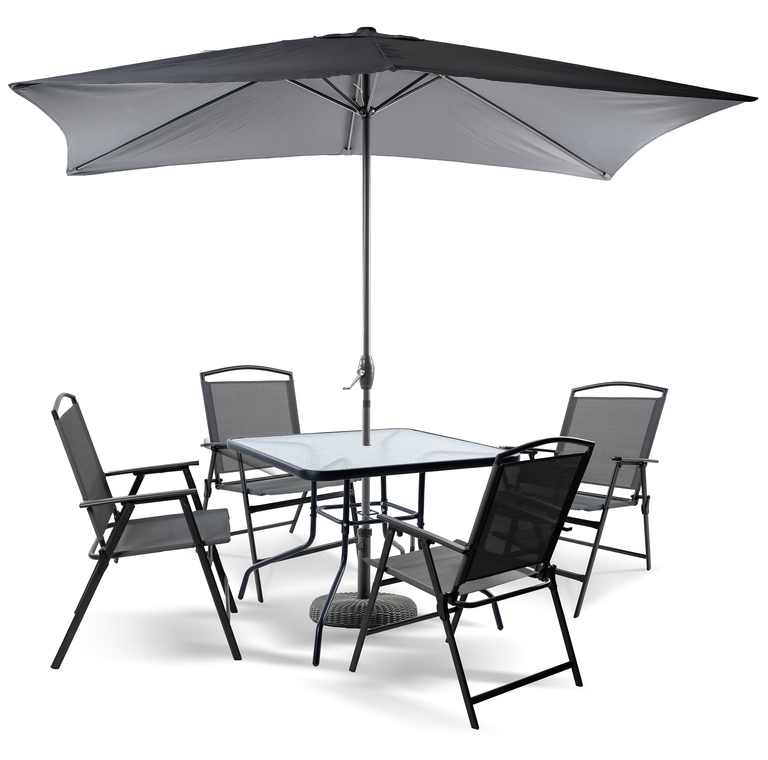 Zahradní nábytek - Kompletny Zestaw Ogrodowy Risari, Stół 90 cm plus 4 krzeseł, parasol Składany (1)